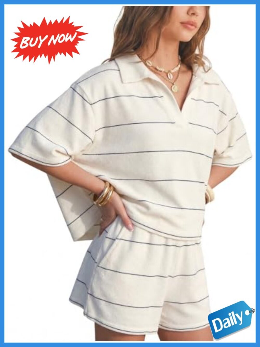 Faux Cashmere 2 Piece Set Striped Polo Top Matching Shorts Women Summer Lounge